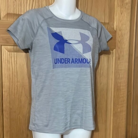 Under Armour Gray and Blue Short Sleeve Loose Fit Athletic Tee Youth Large - Picture 2 of 6